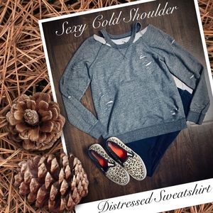 Sexy Distressed Cut Cold Shoulder Sweatshirt Top